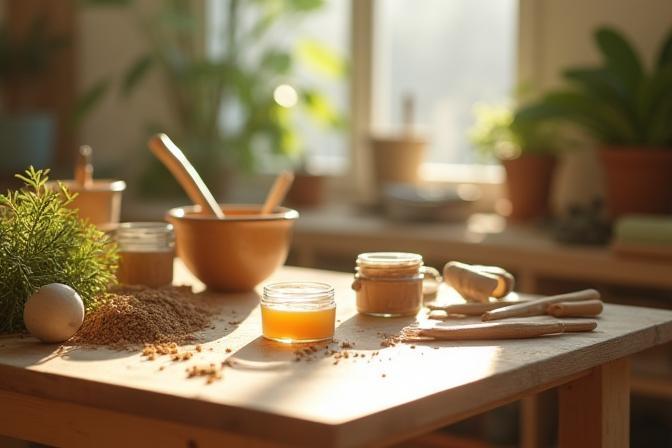 A clean, sunlit workshop table with ingredients, tools, and finished handmade cosmetics products