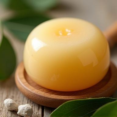 Solid Hydrating Shampoo Bar on a wooden soap dish next to natural elements