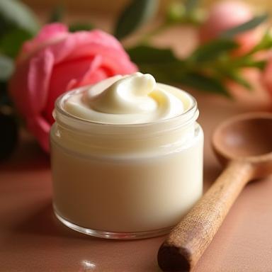 Jar of Velvet Body Lotion with a wooden spoon and floral background
