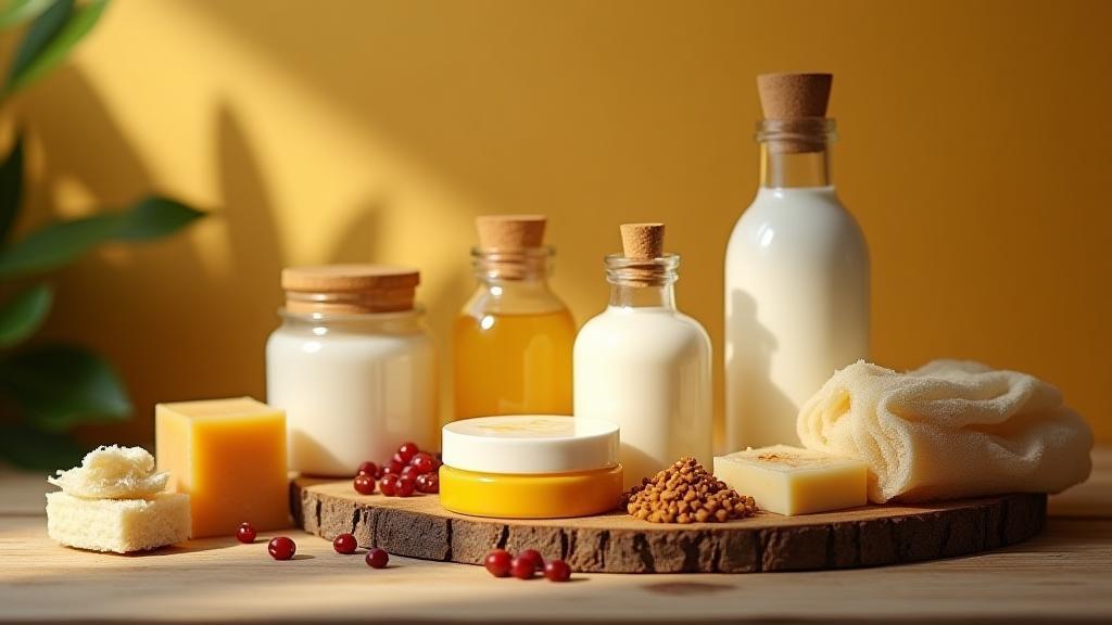 Assortment of handmade natural cosmetics products artfully arranged on a rustic surface