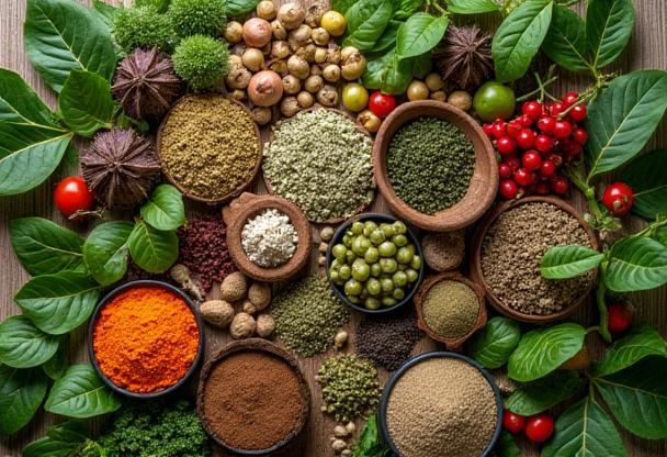 Selection of natural botanical ingredients and herbs laid out on a surface