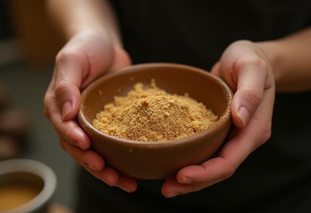 Close up of hands crafting a cosmetic product in a bowl, showing the manual process